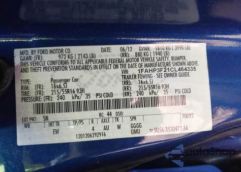 2012 Ford Focus Se из США, поврежденный, VIN 1FAHP3F21CL464335